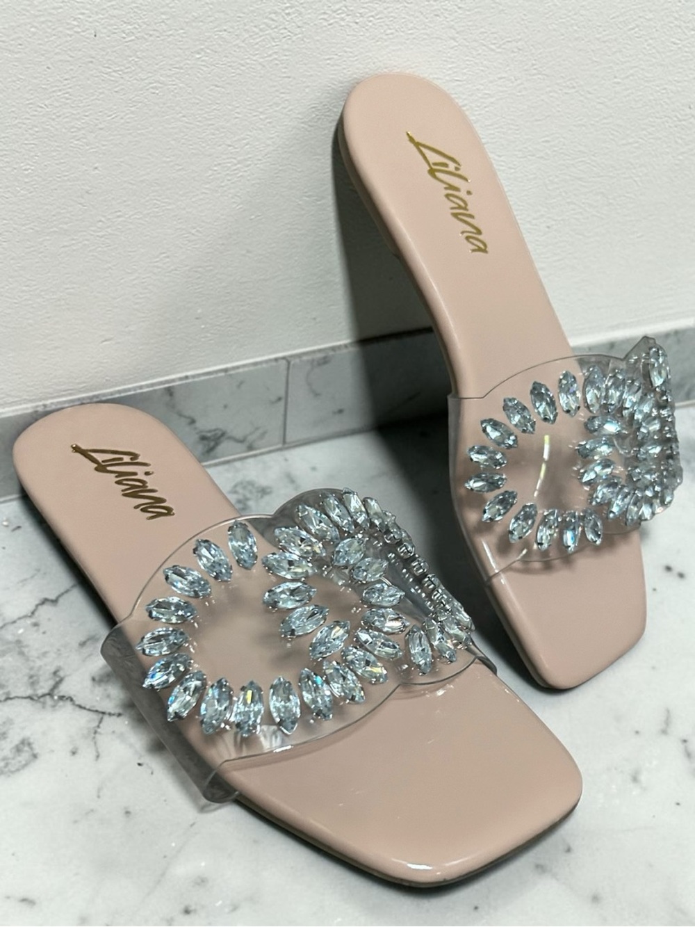 Liliana Blush Jeweled Clear Strap Slide Sandals